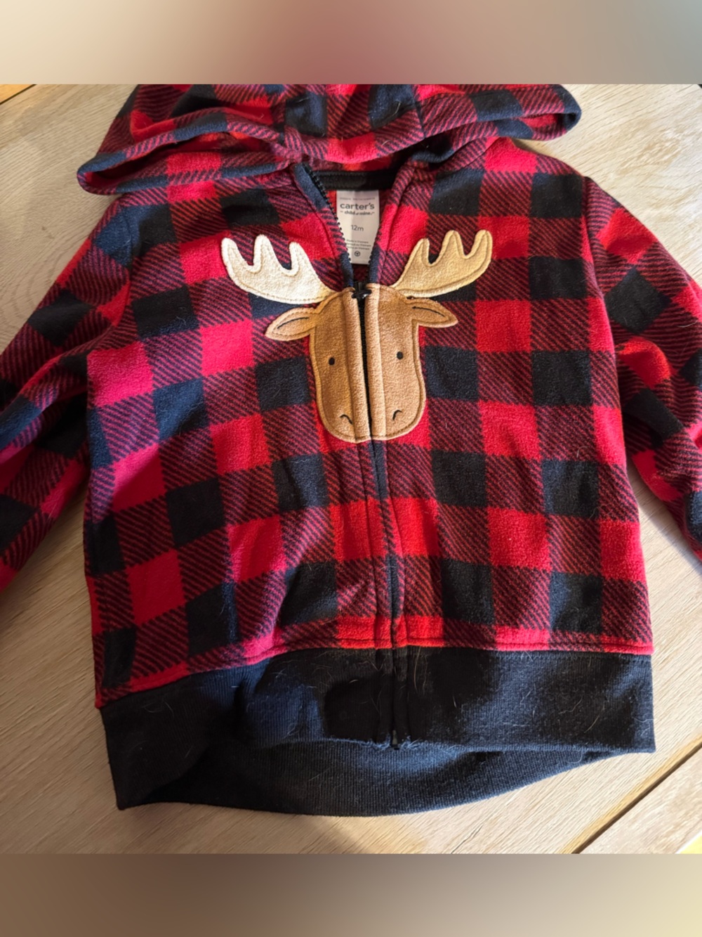 Carter's Red & Black Buffalo Plaid Moose Zip-Up Hoodie 12 Month